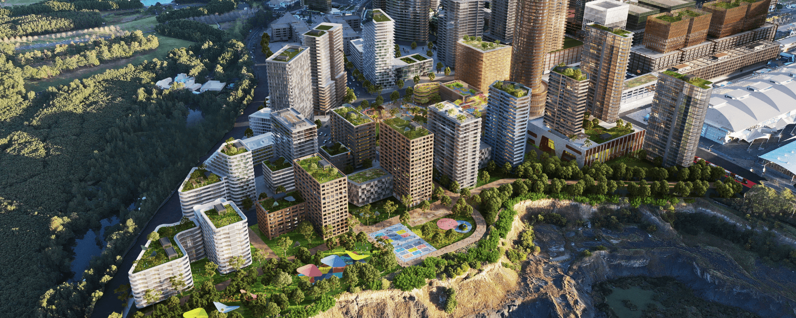 A rendered aerial view of the Sydney Olympic Park Master Plan 2050 showing a high-density, mixed-use precinct with green-roofed buildings, public spaces, and surrounding parklands.